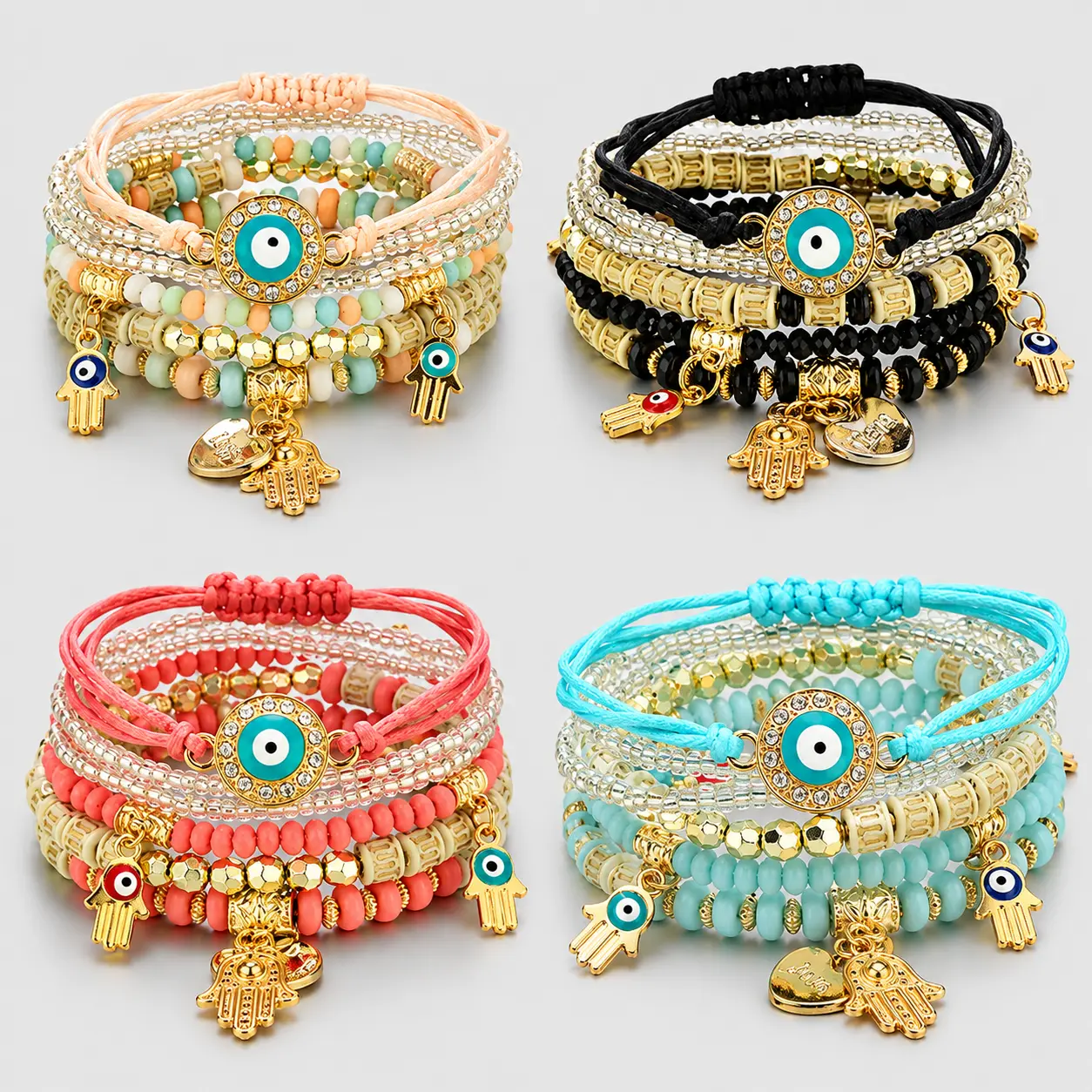 6Pcs/set Bohemian Evil Eye Bracelet Set For Women Fatima Hand Heart Charm Beaded Rope Chain Bangle Female Jewelry Gift