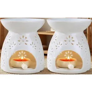 Elegant Aroma Diffuser Set of 2, Essential Oil Burner with Wax Melt Tray, Ceramic Tea Light Holder for Home Decor, Reusable Incense Burner, Handcrafted Scented Candle Accessory Gift Lightweight Wedding Wife Perfume 3-layer safety mesh des infect ante