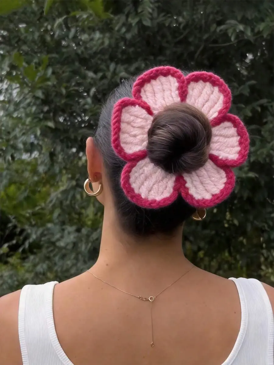 ZUMWE 1pc Handmade Crochet Flower Scrunchie, Large Pink Floral Knitted Elastic Hair Tie For Bun & Ponytail Styling
