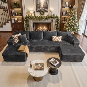 CAODOC Modular 135‘’ U Shaped Boneless Couch, Upholstered Corduroy Fabric Sectional Sofa with 6 Soft Pillows for Modern Living Room Apartment, No Assembly Required, Deep Seat Design with Two Chaise Lounges