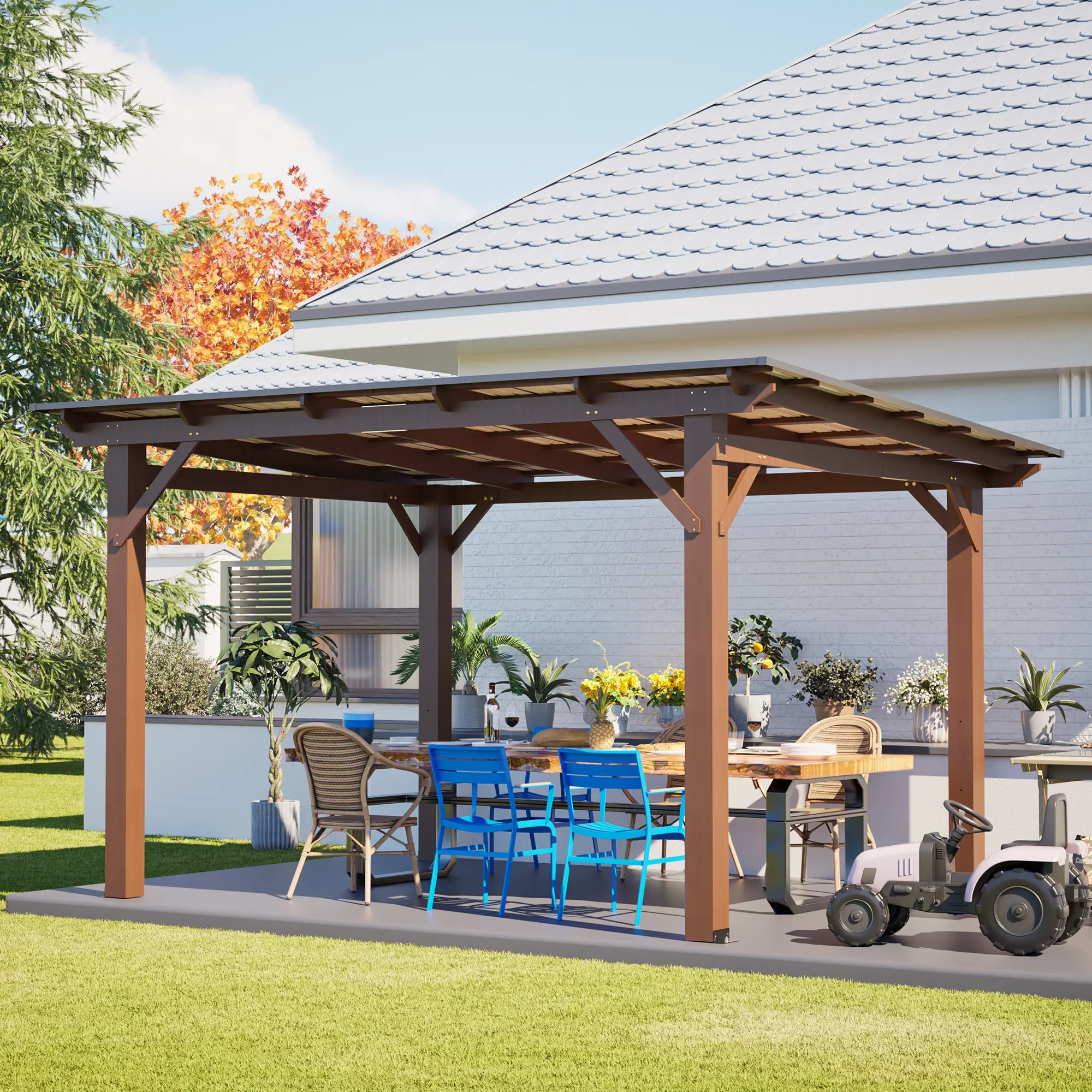 13x10 FT Sturdy Wood Gazebo Pergola - Stable Fir Wood Structure with Reinforced Joints, Waterproof UV-Resistant Cover, Outdoor Garden Shelter for Backyard, Poolside Dining & Relaxing