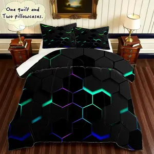 A 3-piece set of quilted comforters featuring a glowing geometric hexagon design pattern (1 comforter + 2 pillowcases without pillow inserts), crafted with U-shaped quilting. It contains 200gsm filling, offering breathability and comfort, softness against