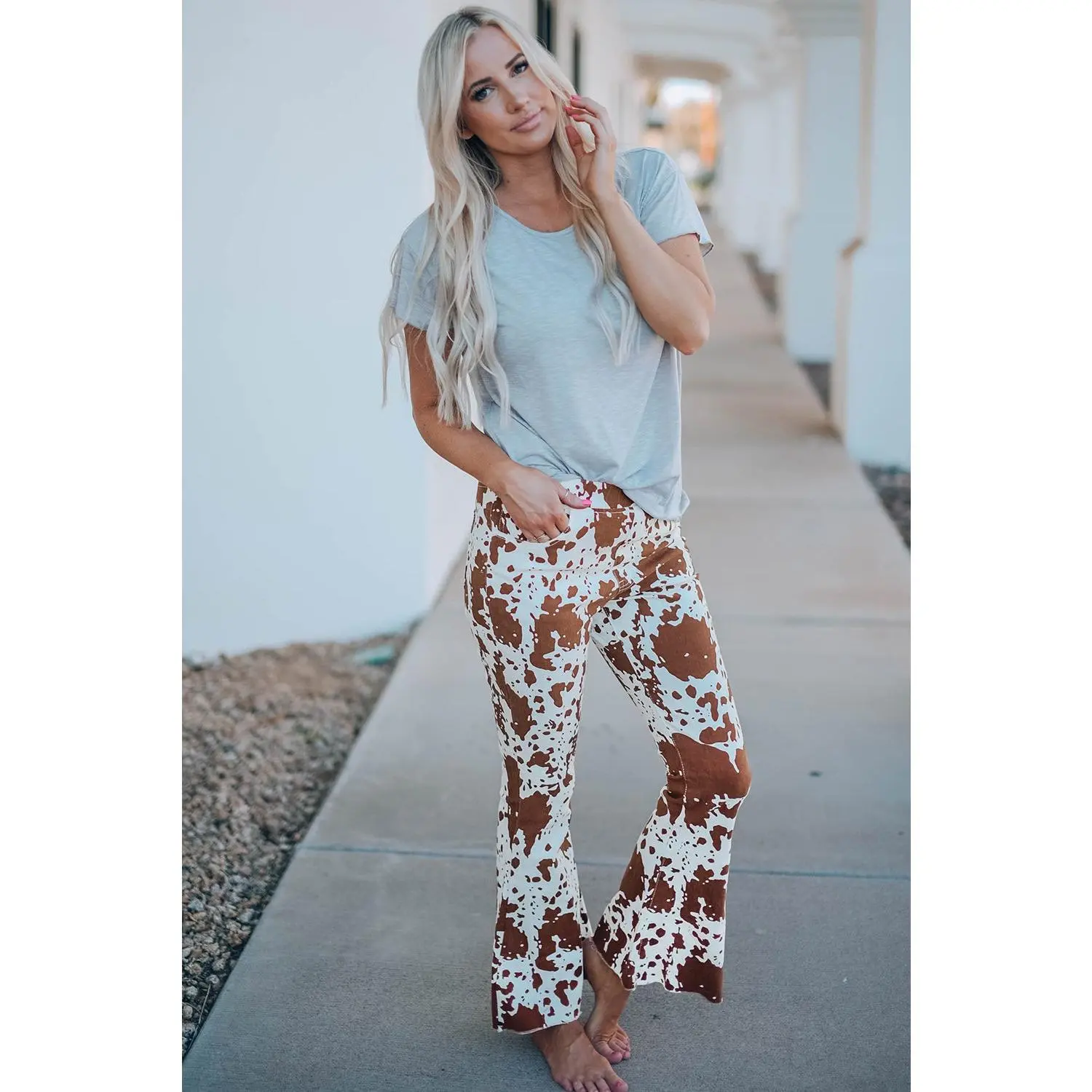 Women's Brown White Cow Print High Waisted Flared Pants