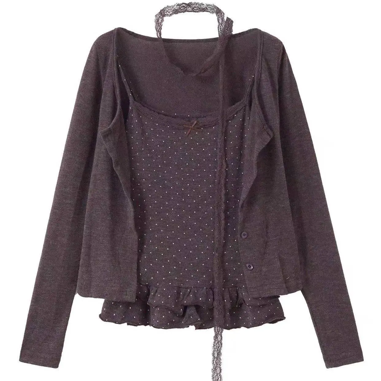Women's 2000s Aesthetic Long-Sleeves Tshirt Set - Korean Fashion Coquette Shoujo Clothes, Gyaru Design, Ballet Core, Casual Lady Vintage Top, Longsleeves, Streetwear