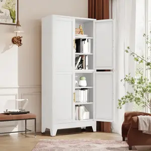 75" Tall Kitchen Pantry Cabinet, White Metal Storage Cabinet with Adjustable Shelves and Doors – Freestanding Pantry Organizer for Kitchen, Dining Room, Living Room, Laundry, Bathroom
