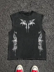 TikMen Men's Cherries & Letter Print Long Sleeveless Tank Top, Regular Fit Fitted Casual Retro Vintage Leopard Printed Vest Top for Daily Wear, Men's Clothes for Summer, Menswear, Socks