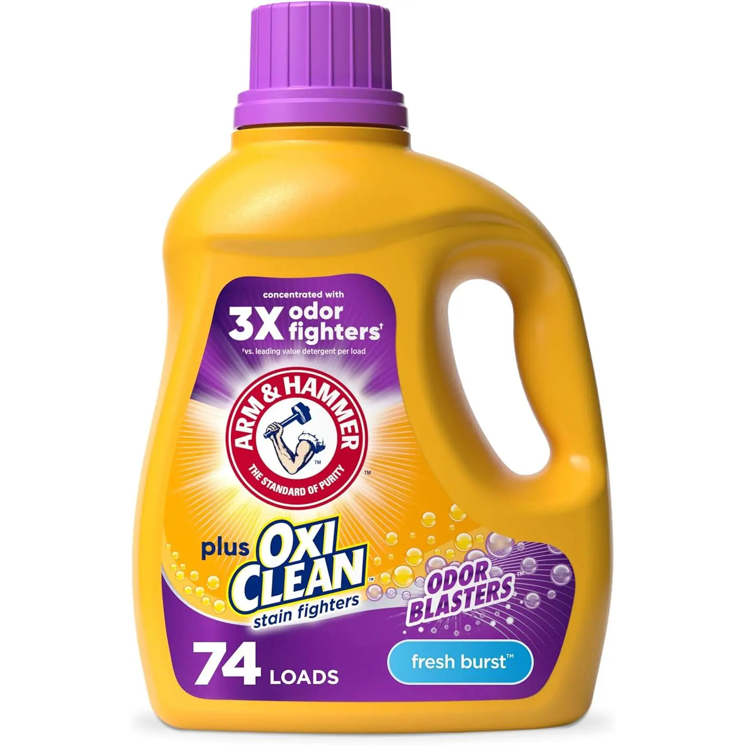 ARM & HAMMER Plus OxiClean with Odor Blasters Liquid Laundry Detergent, Laundry Odor Remover, Attacks Stains, Fresh Burst Scent, 74 Loads, 96.2 Fl Oz