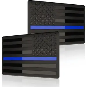 3D Metal Thin Blue Line All Black American Flag Emblem Decal Stickers (1 Pair), Matte Black 5" x 3" USA Flag Decals for Car, Truck, Motorcycle Honoring Police Law Enforcement