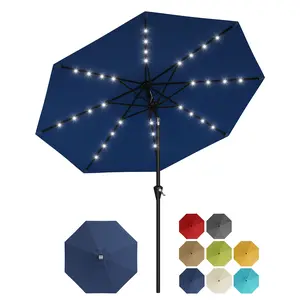 Solar LED Patio Umbrella, 9 ft Outdoor Market Parasol with 8 Sturdy Ribs, 30° Dual Tilt and Easy Crank Handle, Ideal for Garden, Balcony, Terrace