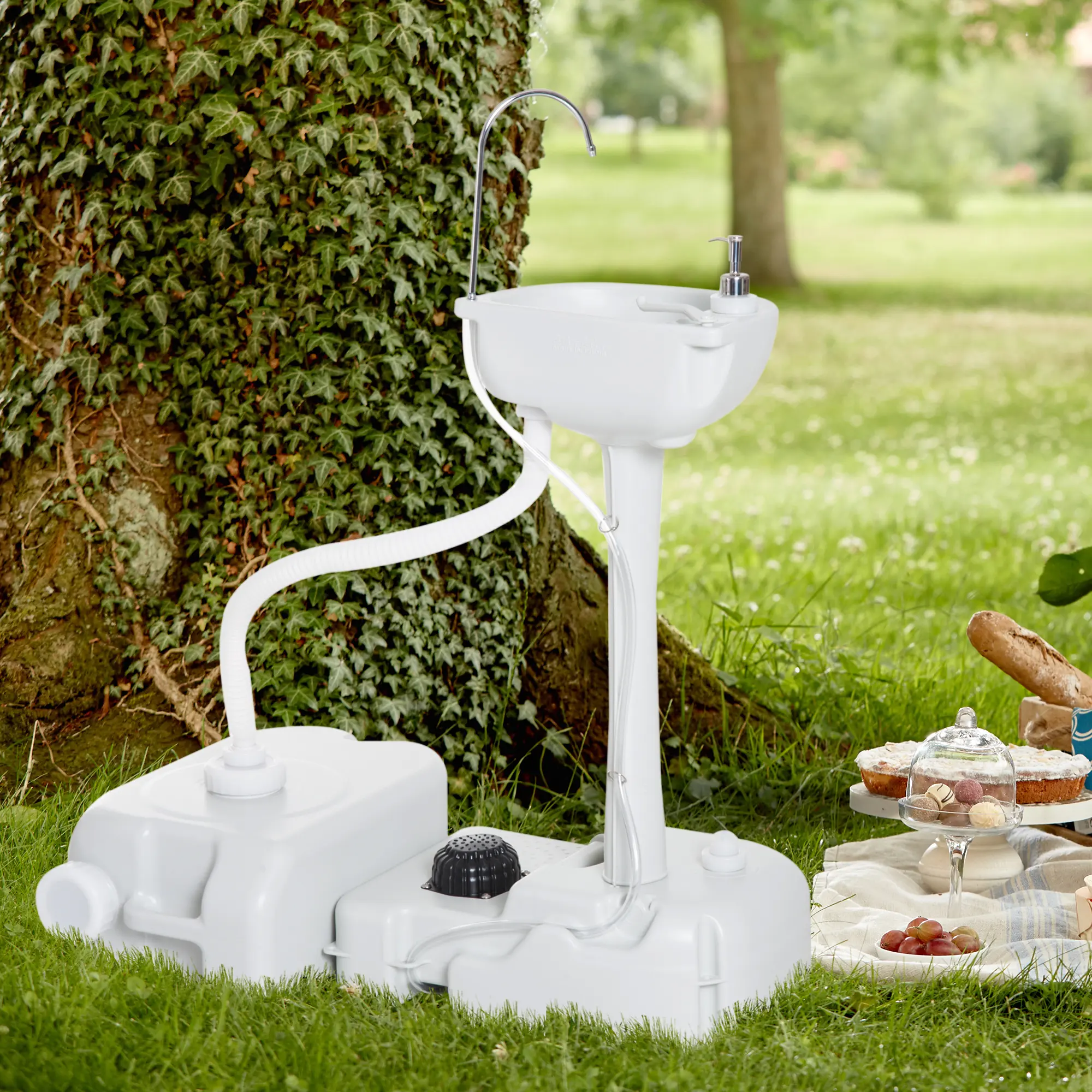 White Portable Hand Wash Station with 4.5 Gal Fresh Water Tank and 6.3 Gal Wastewater Tank, Rolling Camping Sink, Soap Dispenser, Towel Holder, Foot Pump, HDPE, for RV, Tailgating, Worksites, Outdoors, No Tools Needed, Lightweight