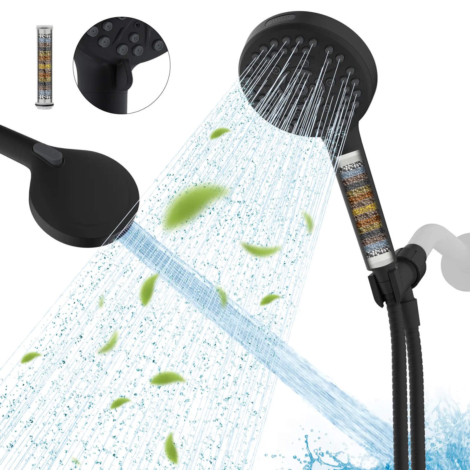 Hibbent Matte Black Adjustable Plastic Handheld High-Pressure Shower Head Filter - 10 Flow Modes Bathroom Shower Equipment, Wall Mount, Water Softener Beads, Chlorine/Mineral Remover for Hard Water, Dry Itchy Skin Reduction, Multi-Filter Fixture, Hard Wat