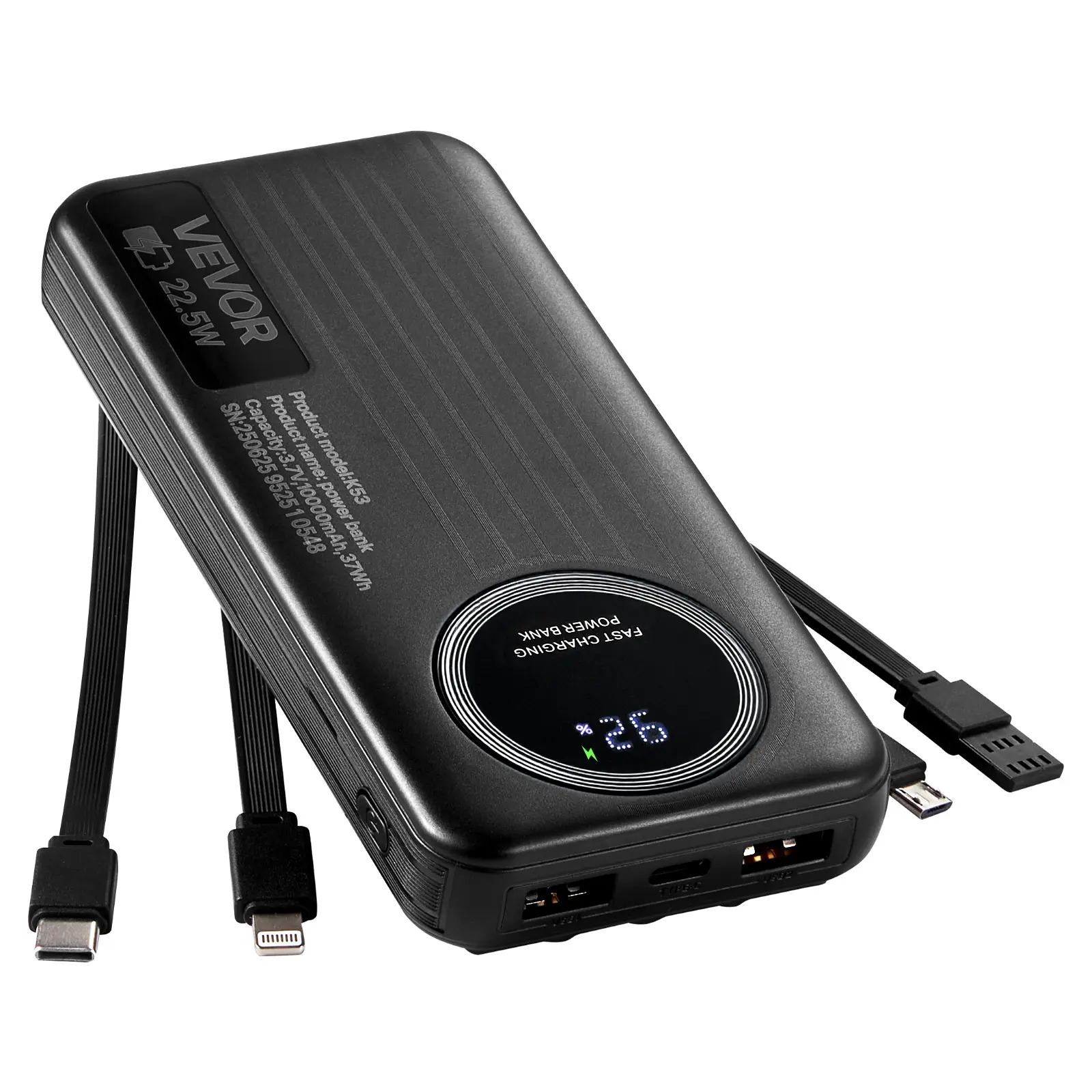 【summerfinds】VEVOR Compact 10000 mAh Power Bank Charger, Portable Battery with Built-in Cables, 6 Outputs-3 Inputs Fast Charging, USB Type-C-Micro-B Inputs, Smart LED Display, Plug Compatibility, Protection for Smartphone, Mobile & Other Devices