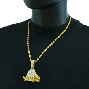 New Rich Forever Full of Rhinestones Holding Dollar Pendant Trendy Hip Hop Men's Cuban Chain Necklace Gift