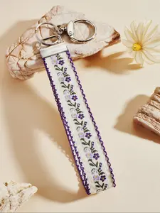 Women's Zinc Alloy Wrist Keychain, Floral Embroidered Ribbon Keyring, Fashionable Bag Charm, Universal Car Key Chain, All Season Accessory, Floral Pattern Keychain
