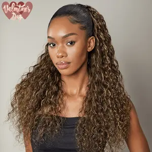 [Clearance Sale] Frodio Ponypop Honey Blonde Highlight Curly Water Wave Ponytail 100% Human Hair Extension Sleek And Full Ponytail Wig Drawstring Ponytail - Giselle