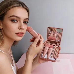 Portable 5 Psc / Set Makeup Brush Set with Mirror, Multifunctional Makeup Brushes, Mini Multi-Functional Loose Powder Brush, Foundation Brush, Eyeshadow Brush, Blush Brush