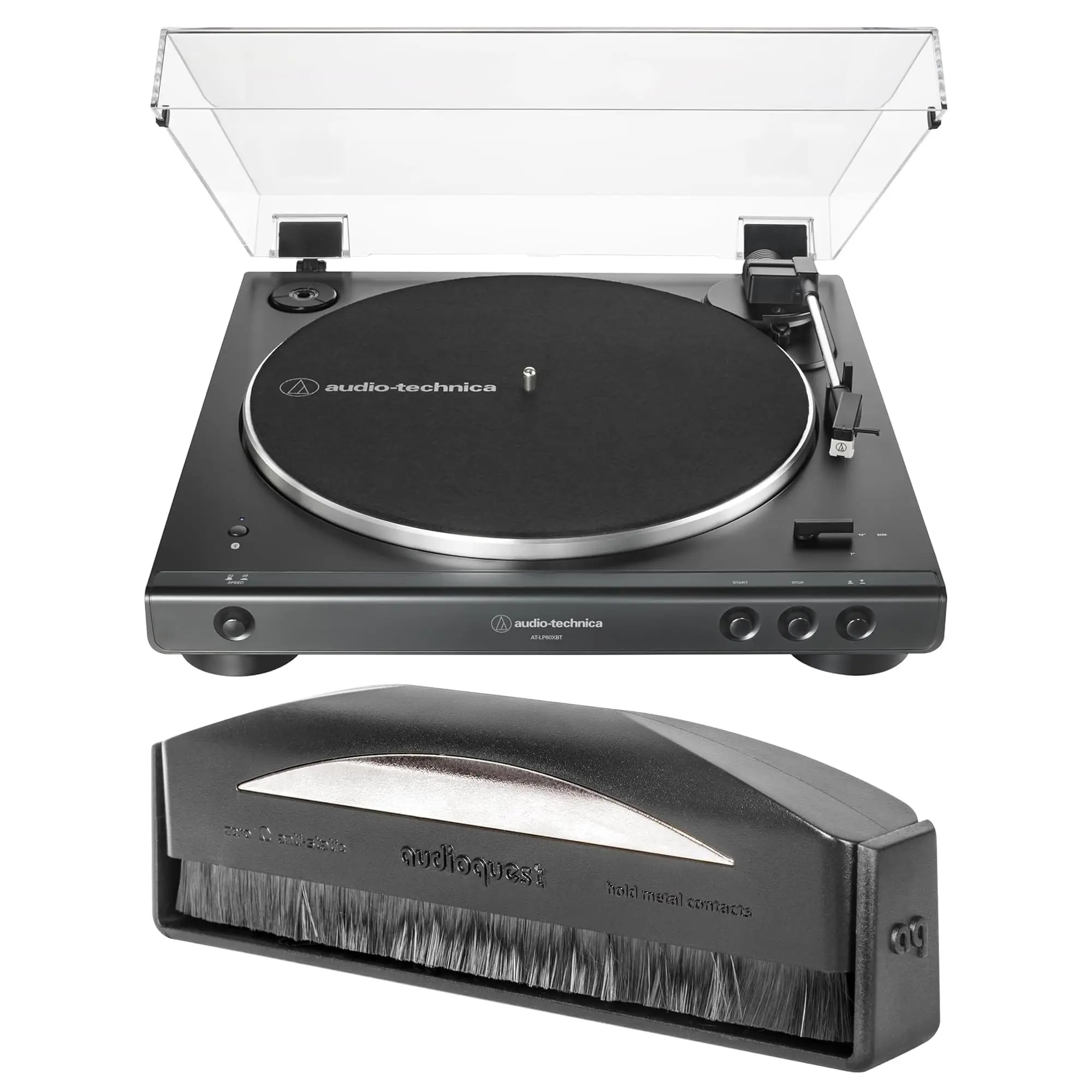 Audio-Technica AT-LP60XBT-BK Bluetooth Wireless Automatic Belt-Drive Turntable (2019 Collectibles Edition) Bundle with AudioQuest AQSLVRRECBRUSH Silver Anti-Static Record Brush - for Physical Media, Modern Vinyl, BT Wireless, Auto Play Ease, Vinyl Records