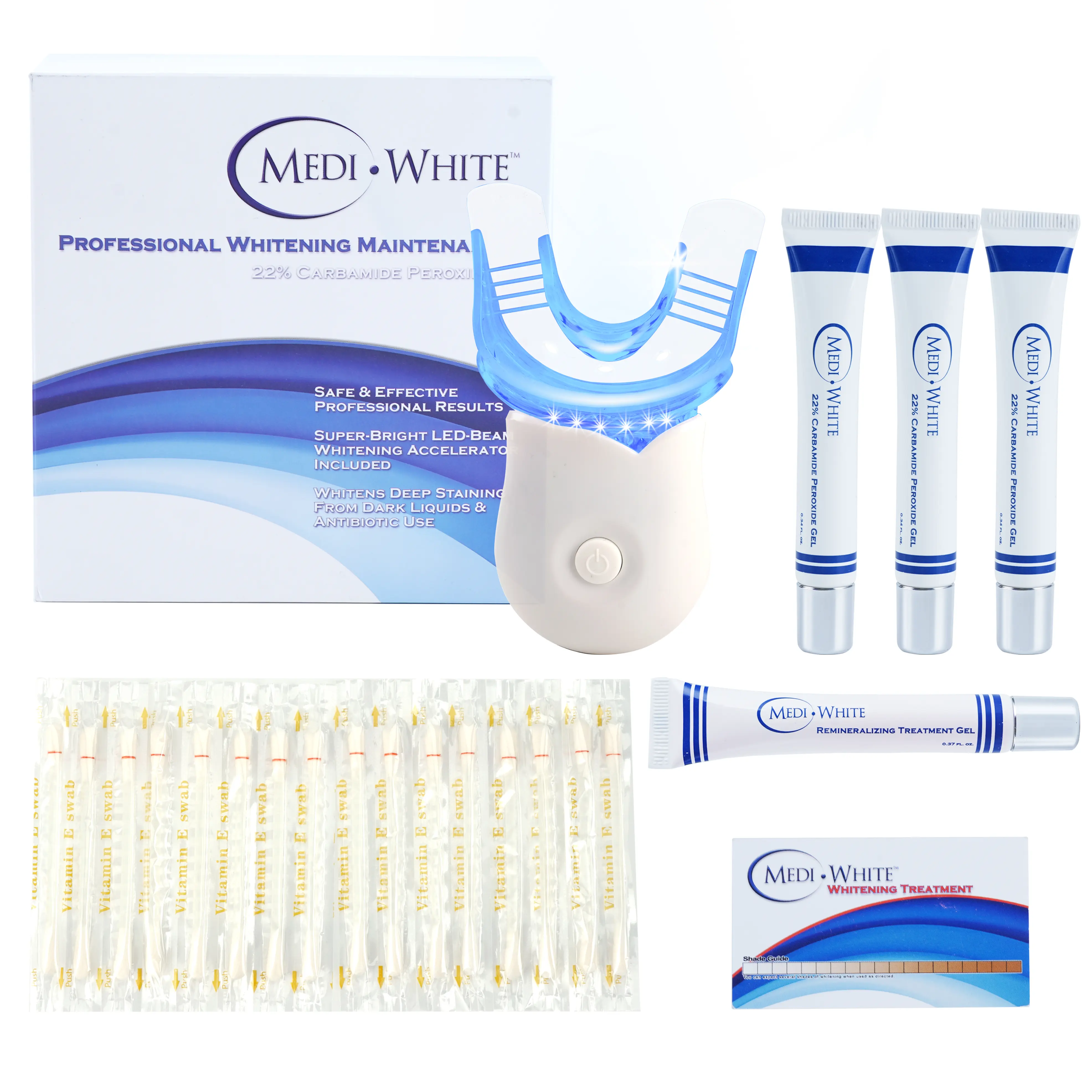 MediWhite Teeth Whitening Kit with LED Light & 3 Tubes Teeth Whitening Gel & Remineralization Gel & Vitamin E Swabs for Oral Care Accelerator Brush