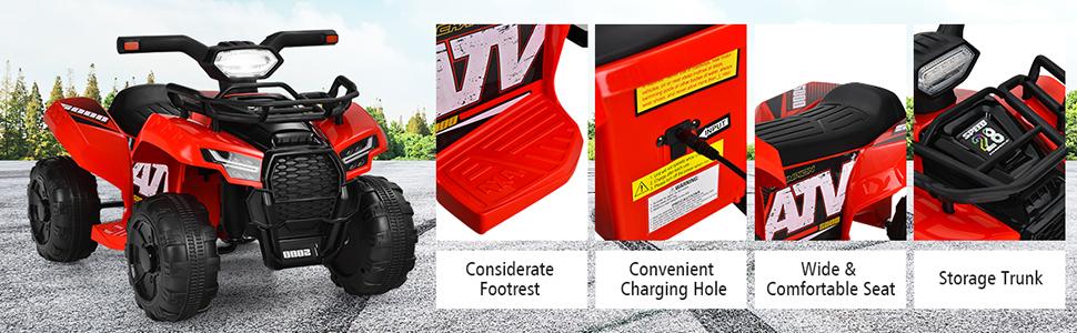 costzon 6V Electric Kids ATV Quad, Battery Powered Electric Vehicle w/Storage Basket, Headlight, Foot Pedal, Wear-Resistant Wheels,Father's Day Gift