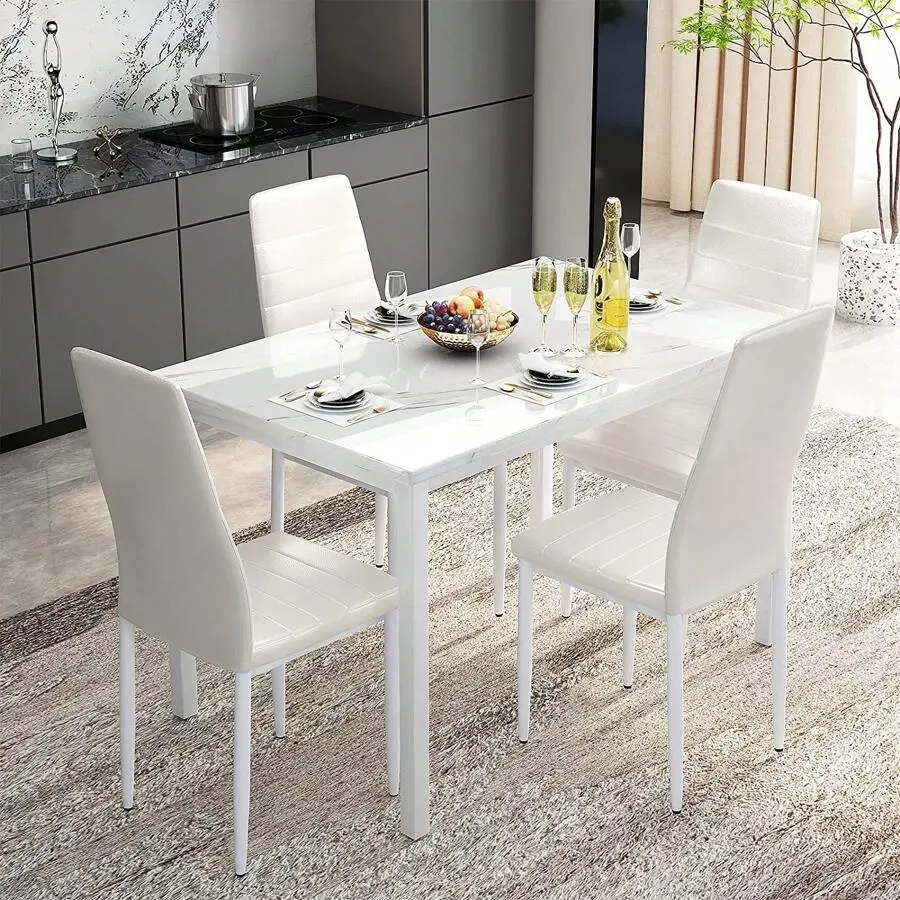 Black and White 5-Piece Indoor Furniture Set - PU Leather Upholstered Armless Ergonomic Modern Chairs (4), MDF & Steel Frame Rectangular Marble Effect Table, LED-Lighted Champagne Classic Dressing Table with Tucks Under Drawers for Kitchen,Bedroom,sohochi