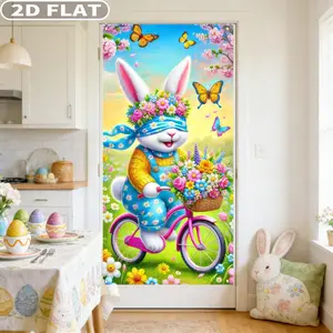 2D FLAT 1 Count Party Packs Spring Easter Door Cover 90x180cm/35.43x70.87 Inch Polyester Welcome Spring Door Banner Easter Bunny Door Decorative Cute Flower Basket Rabbit Background for Spring Easter Front Door Porch Sign Banner Decor