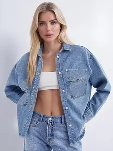 Women's Plain Button Front Curved Hem Autumn Denim Jackets, Casual Fashionable Minimalist Loose Pocket Design Collared Jacket Outerwear for Daily Wear, Ladies Clothes for All Seasons, Womens Clothes, Jackets for Women, Denim Jacket Women
