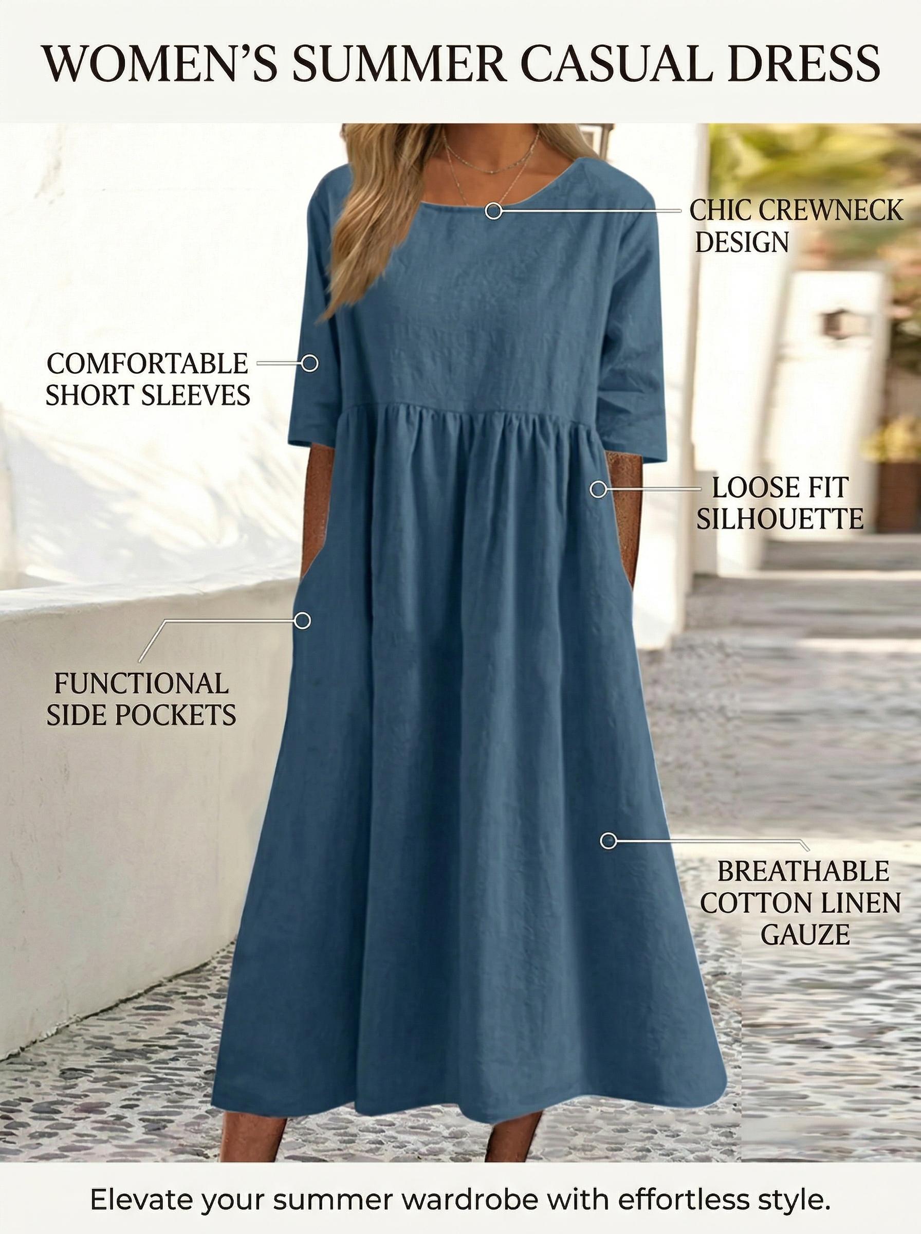 2026 Women's Summer Cotton Linen Loose Midi Dress - Casual Short Sleeve Round Neck Flowy Beach Vacation Dress with Pockets, Plus Size Vintage Style Party Wear