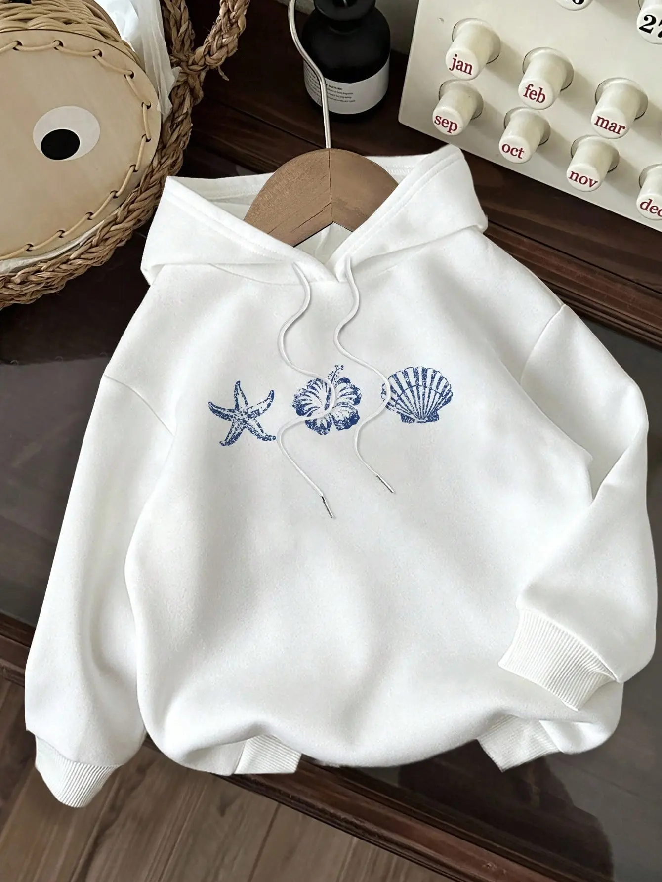 Women's Coastal Grandmother Plush Loungewear Hoodie, 270G Brushed Fleece Lightweight Oversized White Drawstring Adjustable Hooded Sweatshirt, Blue Starfish Seashell Clam Chest Embroidery Print, Nautical Ocean Aesthetic Pullover