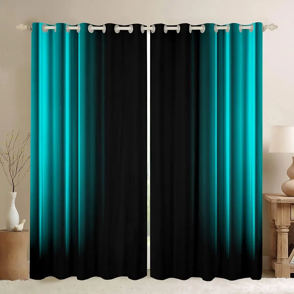 Feelyou 2-Panel Grommet Pattern Curtains - Teal & Black Striped Geometric Ombre Velvet, High-Def Print Modern Window Drapes, 52x84/42x90 in Sizes, for Bedroom/Living Room Decoration