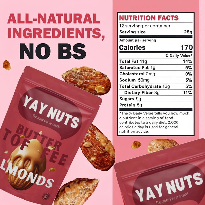 YAY NUTS Butter Toffee Pecans, Cashews, Almonds & Peanuts – Crunchy, All-Natural, No Preservatives, Made in USA – Guilt-Free Snacking with Real Ingredients - 12 oz each (340g)