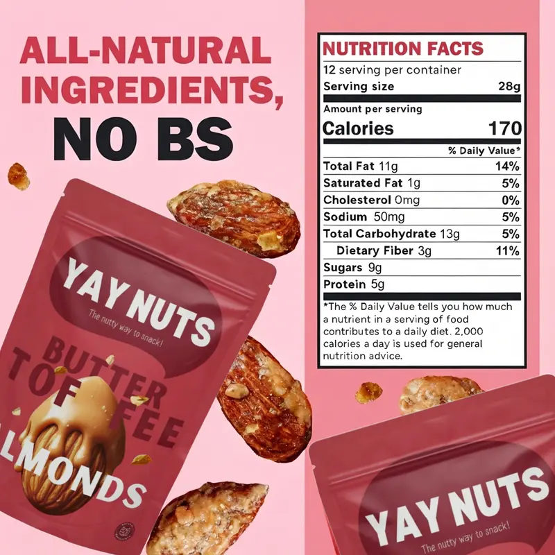YAY NUTS Butter Toffee Pecans, Cashews, Almonds & Peanuts – Crunchy, All-Natural, No Preservatives, Made in USA – Guilt-Free Snacking with Real Ingredients - 12 oz each (340g) 5
