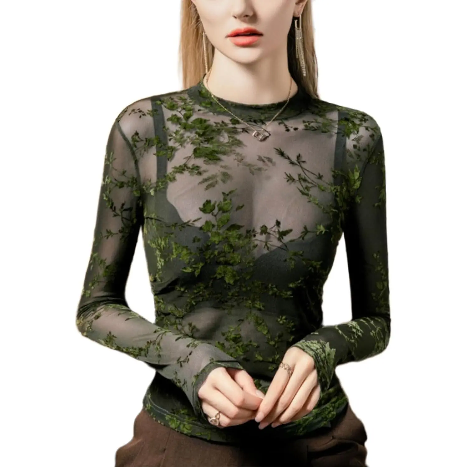 Women's Sheer Mesh Top, Elegant Long Sleeve Lace Turtleneck Blouse, Dressy See-Through Shirt for Layering or Going Out, Casual, Lightweight, Lady, Comfortable, Fit