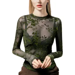 Black Sheer Top Women Mesh Long Sleeve Tops Lace Turtleneck See Through Undershirt Sexy Blouse Going Out T Shirt