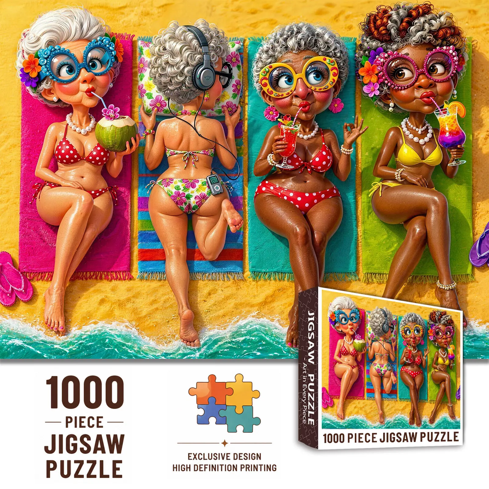 Walarky Funny Beach Ladies 1000 Pieces Jigsaw Puzzle, Whimsical Grandma Friends Summer Beach Vacation Colorful Cartoon Art, Family Game, Stress Relief, Relaxing Brain Challenge, Wall Decor, Gift for Adults Seniors Women, 27.5x20inch(70x50cm)