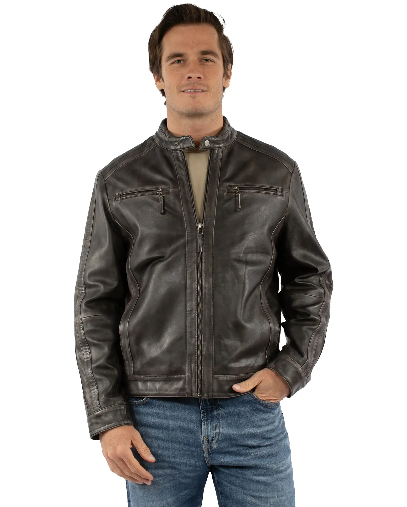 Men's Distressed Lambskin Leather Biker Jacket - Aesthetic Moto Coat with Quilted Shoulders, Snap Collar, Zipper Pockets & Cotton Lining, Fashion, Coats, Tops
