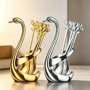 Stainless Steel Small Coffee Spoon Holder Set – 10 Pack 4.7" Mini Espresso Spoons + Swan Base, Demitasse Tea Spoons for Dessert, Yogurt, Cereal, Appetizer – Cute Kitchen Utensils Gift, TikTok Viral Spoon Rest Set for Home Cafe