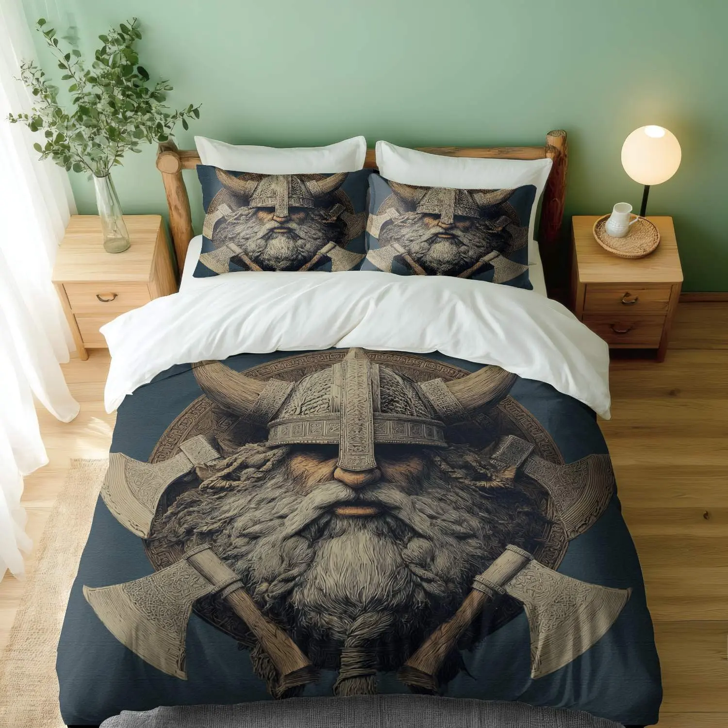 3pcs Horned Viking Axes Dark Bluebedding set (1*Duvet Cover + 2*Pillowcases, Without Core)+Soft comfortable and breathable Suitable for bedroom guest room hotel dormitory rooms