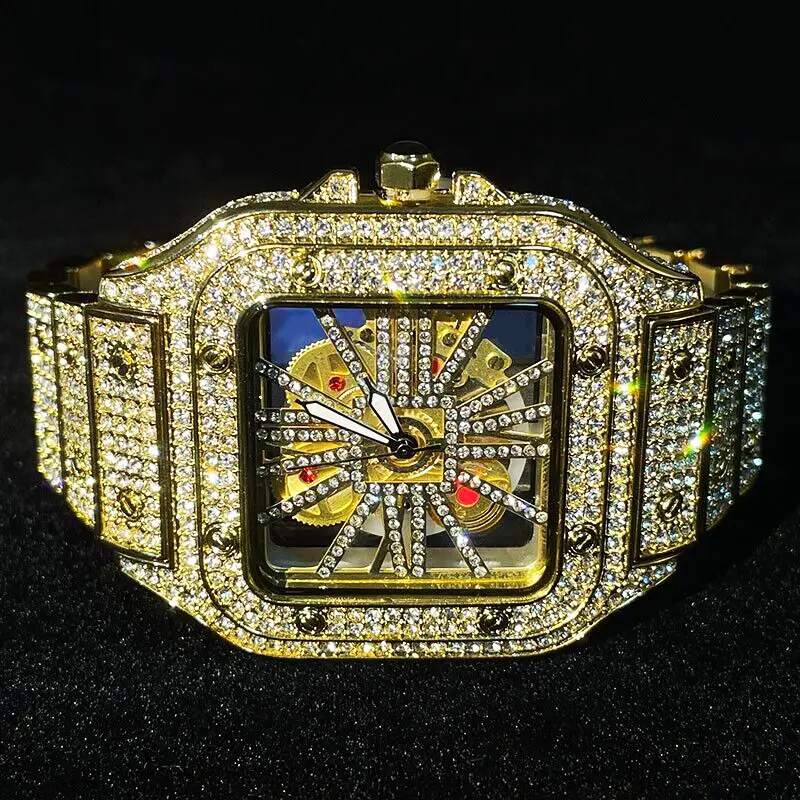 MaxBling81 Iced Out Men's Watch, 40mm Square Skeleton Dial with VVS Diamond Simulate, Gold Finish, Quartz Movement, Adjustable Band with Deployment Clasp