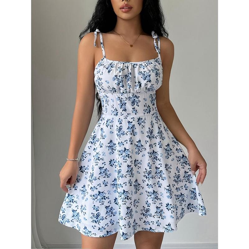 Elegant Off-Shoulder Floral Print Dress with Lace-Up Detail and Ruffle Hem - Light Blue & White, Spring/Summer Women'S Fashion, Ruffled Hem Detail, Cinched Waist, Adult Sizes
