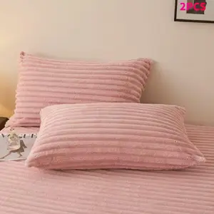 Rabbit Fleece Striped Pillowcase Set - 48*74cm Pair, Flannel Pillow Cover for Single & Double Beds, Warm Skin-Friendly Pillowcase for Autumn & Winter, Bedroom Dormitory Home Pillow Cover, Anti-Static Soft Pillowcase