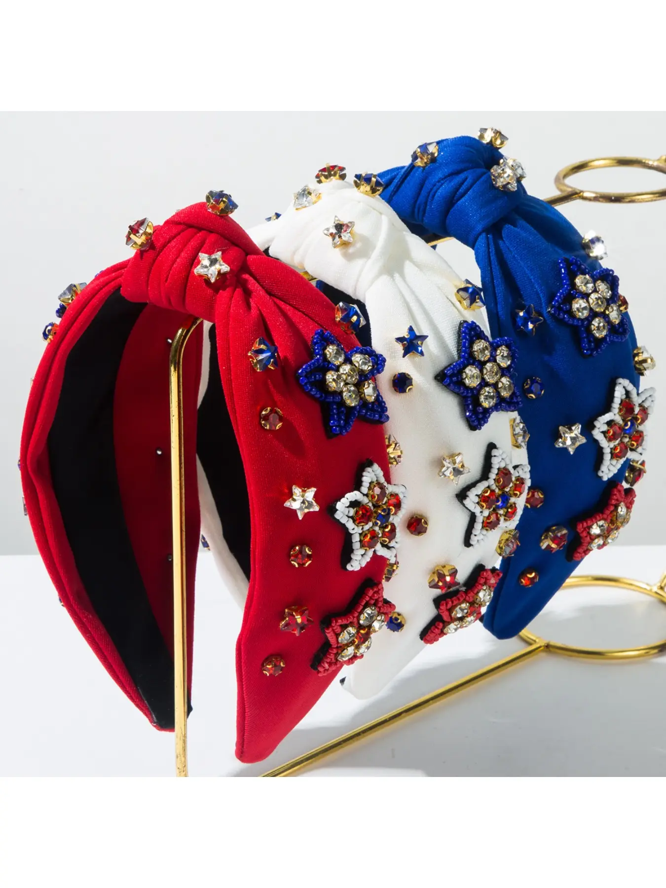 New American Independence Day diamond studded headband in red, white, blue fabric with rice beads and stars, fashionable party hair accessory for women