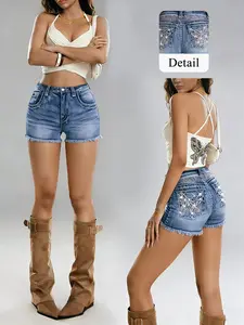 Fashion Rhinestone Butterfly Embroidery Fringe Hem Slim Fit Denim Shorts, Stylish Summer Wear, Women's Casual Pants, Casual Comfy Shorts