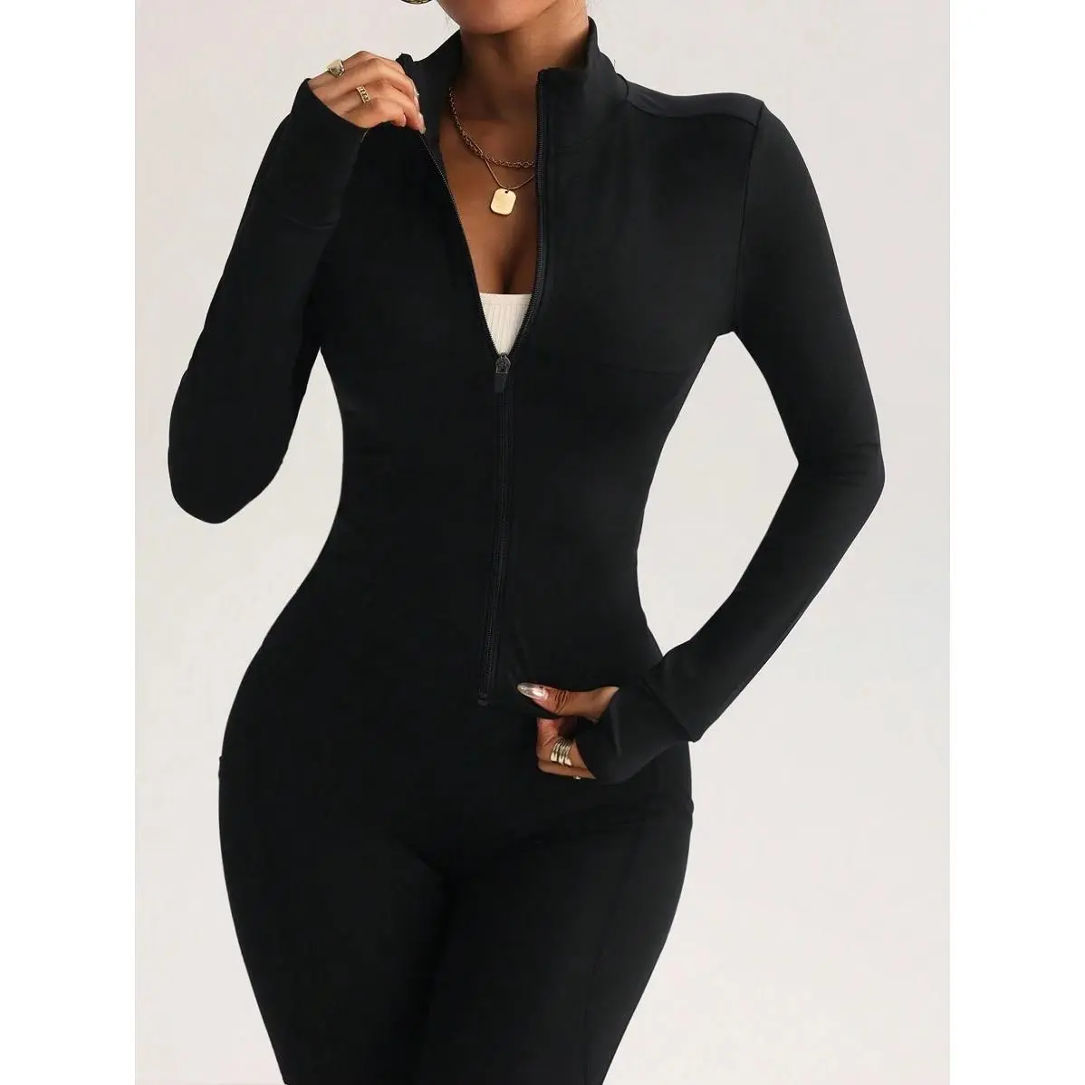 Women's Black Slim Fit Regular Length Quarter-Zip Stand Collar Polyester-Elastane Thumb Hole Zip Running Yoga Top, Long Sleeve, Fitted, Outdoor Fitness, Machine Washable, Do Not Dry Clean