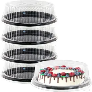 12" [5 Pack] round Cake Pies Carriers, Black Serving Tray with Clear Lid, Disposable Cake Containers with Dome Lids Dessert Sandwich Trays for Party EWAFILU