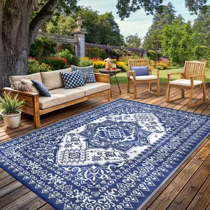 Waterproof Outdoor Rug, Reversible Patio Rug Plastic Straw Mat, Vintage Medallion Carpet, Outside RV Mat for Deck, Balcony, Camping, Porch, Beach, Picnic