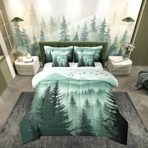 Olive Green Comforter Bed Set with Sheets,7 Piece Mountain Pine Tree Forest Bed Bag,Rustic Woodland Nature Landscape Bedding Set,Kids Adultssoft Bed Set
