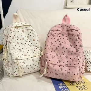 Cute Unique Casual Backpack Bow Heart Print Stylish Design School Travel Commuting Bag Compact Corduroy New Autumn Winter Model 2024