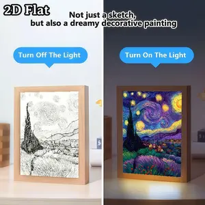 Purple Starry Night LED Light Painting USB-Powered Adjustable Desk Lamp with Polished Wood Frame for Bedroom Living Room Office Home Decor Ideal Gift for Art Enthusiasts