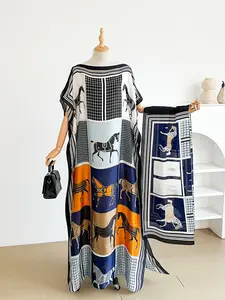 Women's Elegant Animal Pattern Robe Set, Long Dress + Headscarf Scarf Hairband, Beach Sun Protection Satin Silk Shawl, Casual Wear, Chic, Casual Bohemian Sleeveless, Bohemian Summer Dress