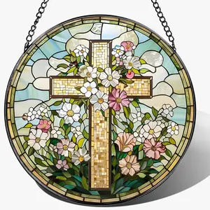 Stained Glass Cross Suncatcher for Window Hanging, Christian Stained Glass Windows Hanging Religious Gifts for Women, Sun Catcher for Home Garden Decor, Easter, Faith,Baptism, Memorial